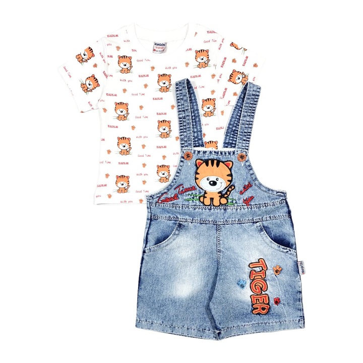 Compleu 2 piese HAPPY TIGER cu Salopeta scurta din denim si Tricou pentru bebelusi, ERAKIDS, Bumbac, ( ), Maro/Albastru denim, Albastru