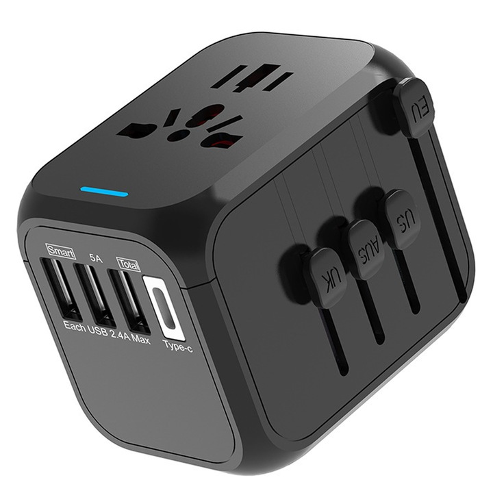 Адаптер за зареждане, 110-240V, адаптер за щепсел за пътуване с 3 USB и 1 Type-C, подходящ за САЩ, Великобритания, ЕС, Австралия и Азия, 65x50x56MM, черен
