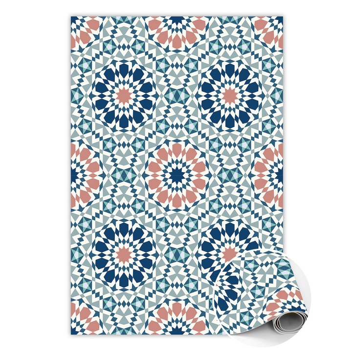 Covor de vinil, PVC, Geometrie marocana, Albastru, 120 cm x 180 cm, 010260360160000020375