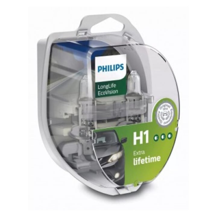 Комплект от 2 автомобилни крушки Philips H1 LongLife EcoVision 12V, 55W