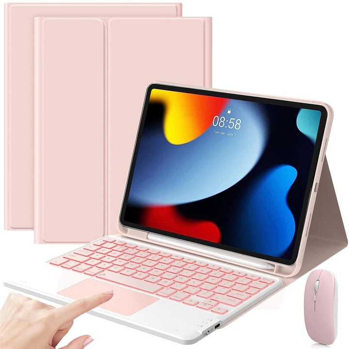 Husa Cu Tastatura Touchpad Pentru iPad 10.2" 9th 8th 7th Gen., Air 3rd, Pro 10.5", Fara fir, Bluetooth, Iluminare De Fundal in 7 Culori, Cu Stilou, Mouse, Membrana Din Silicon Pentru Tastatura, Roz