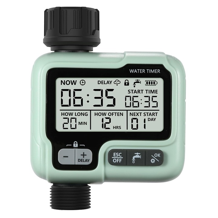 Програматор за напояване/поливане с LCD дисплей, автоматичен/ръчен, заключване с ключове, закъснение при дъжд, включен филтър, лесно програмиране