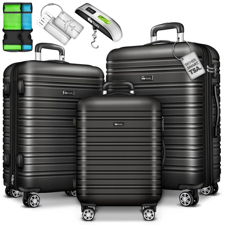 Set trolere pentru voiaj, 3 piese, marimi diferite, M, L, XL, include cantar, curele si eticheta pentru bagaje, maner telescopic, cu incuietoare, gri inchis