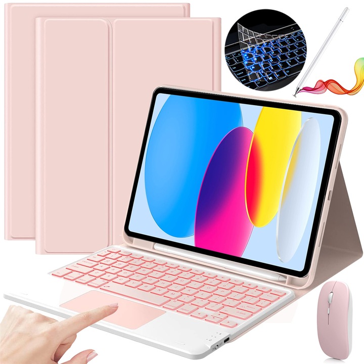 Husa Cu Tastatura Touchpad, JODAKOR®, Pentru iPad 10 Gen.2022 10,9" si iPad 11 (A16) 2025, Fara fir, Bluetooth, Iluminare De Fundal in 7 Culori, Cu Stilou, Mouse, Membrana Din Silicon Pentru Tastatura, Roz