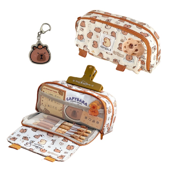 Penar scolar, 3 piese, Penar pentru copii, capybara, vine cu un breloc, o brosa, pot incapea 80 de pixuri in ea, 2 fermoare, Design cu deschidere larga, Capacitate mare, Usor de curatat, Multifunctionala, 20x7x10 cm, Panza