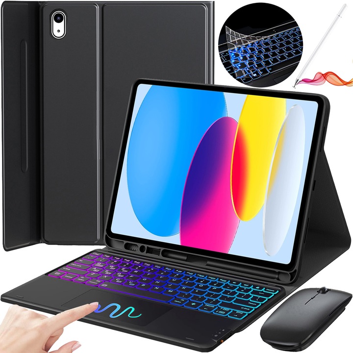 Husa Cu Tastatura Touchpad, JODAKOR®, Pentru iPad 10 Gen.2022 10,9", Fara fir, Bluetooth, Iluminare De Fundal in 7 Culori, Cu Stilou, Mouse, Membrana Din Silicon Pentru Tastatura, Negru