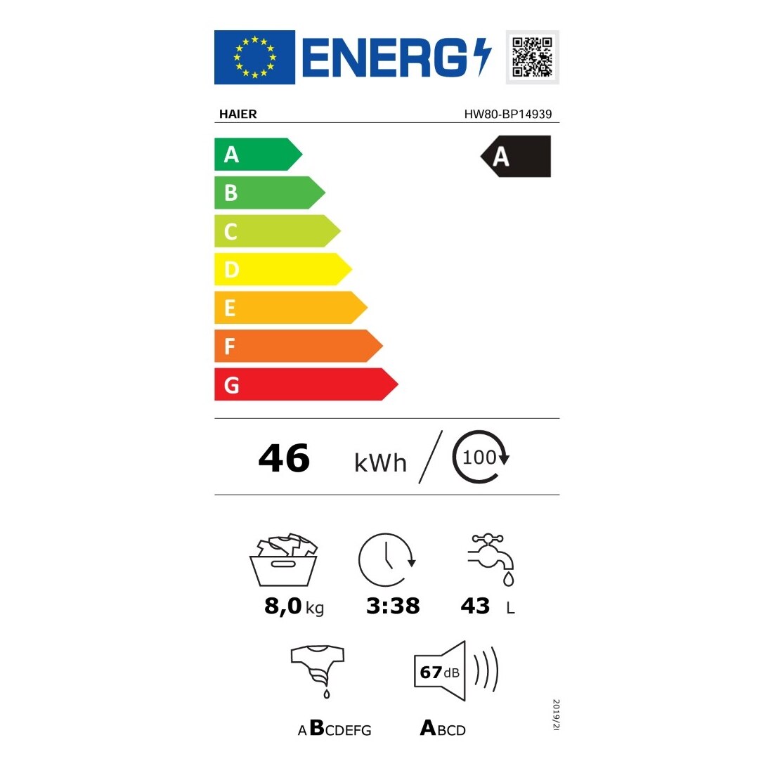 Masina de spalat rufe cu incarcare frontala Haier HW80-BP14939, ecran tactil, 15 programe, 8 kg, clasa energetica A, alb