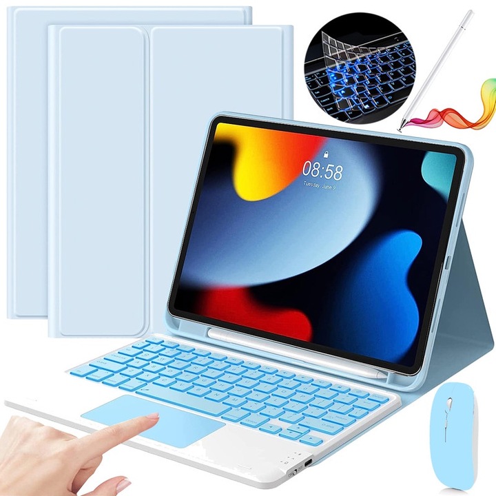 Husa Cu Tastatura Touchpad Pentru iPad 10.2" 9th 8th 7th Gen., Air 3rd, Pro 10.5", Fara fir, Bluetooth, Iluminare De Fundal in 7 Culori, Cu Stilou, Mouse, Membrana Din Silicon Pentru Tastatura, Albastru