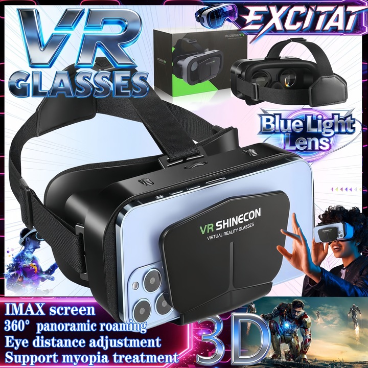 Ochelari mobili 3D VR digitali, EXCITAT, Dispozitiv portabil de vizualizare cu casca, potriviti pentru TV, filme si jocuri video Compatibili cu iOS, Android si suporta 4, 7-7 inchi, Ajustabili, Cu lentile HD, Negru