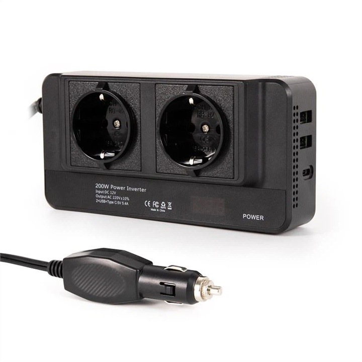 Invertor de tensiune portabil de la priza auto 12V la Priza EU Dubla 220W, Putere 400w, 4 porturi USB, Afisaj digital, Negru
