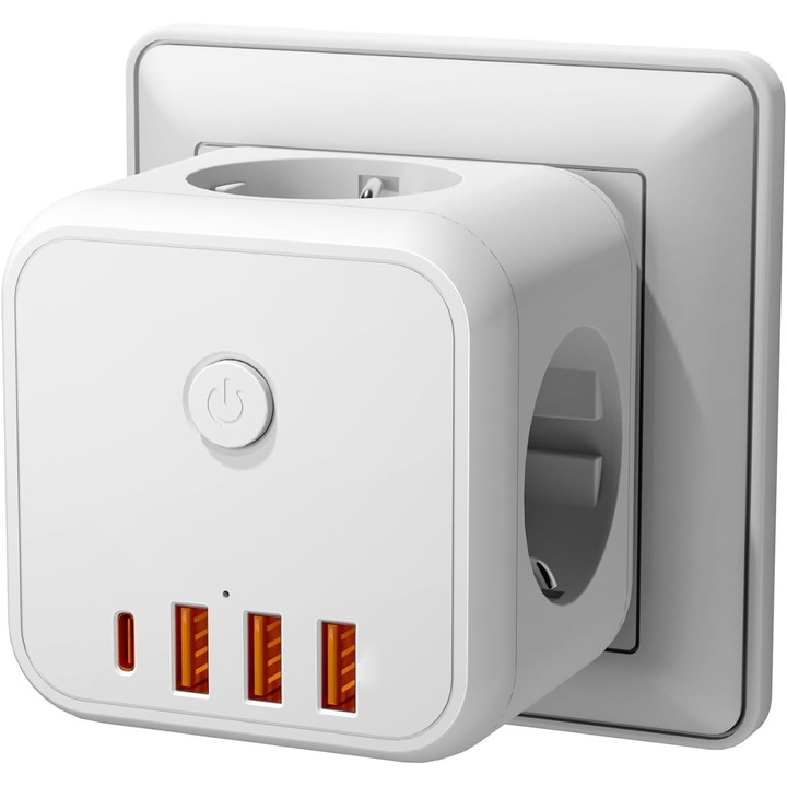 Adaptor priza 7 in 1 Giftry®, 3 x prize (4000W), 3 x USB, 1 x Type-C, cu intrerupator, Alb
