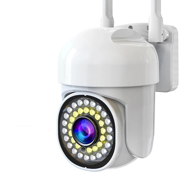 Камера за видеонаблюдение WIFI MAX CONNECT PRO, 5 MP, вътрешна / външна, 4X увеличение, водоустойчивост, двупосочна комуникация, сензор за движение, светлинни лампи, бял