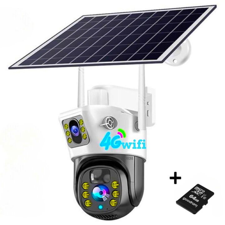 Camera WIFI de supraveghere 72DESI, 4 MP+Zoom 4x, HD 1920x1080p, panou solar+6 baterii, aplicatie mobila V380 PRO, IP67, comunicare bidirectionala si interfon, senzor PIR, lumina de noapte inteligenta si infrarosu, supraveghere bizonala, card 64GB, alba