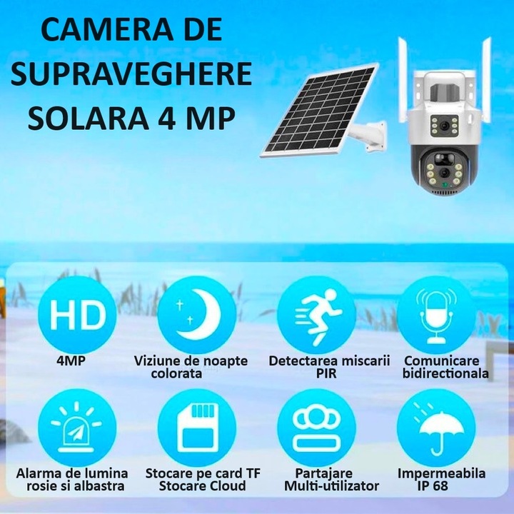 Camera SIM de supraveghere 72DESI, 4 MP+Zoom 4x, HD 1920x1080p, panou solar+6 baterii, aplicatie mobila V380 PRO, IP67, comunicare bidirectionala si interfon, senzor PIR, lumina de noapte inteligenta si infrarosu, supraveghere bizonala, card 32GB, alba
