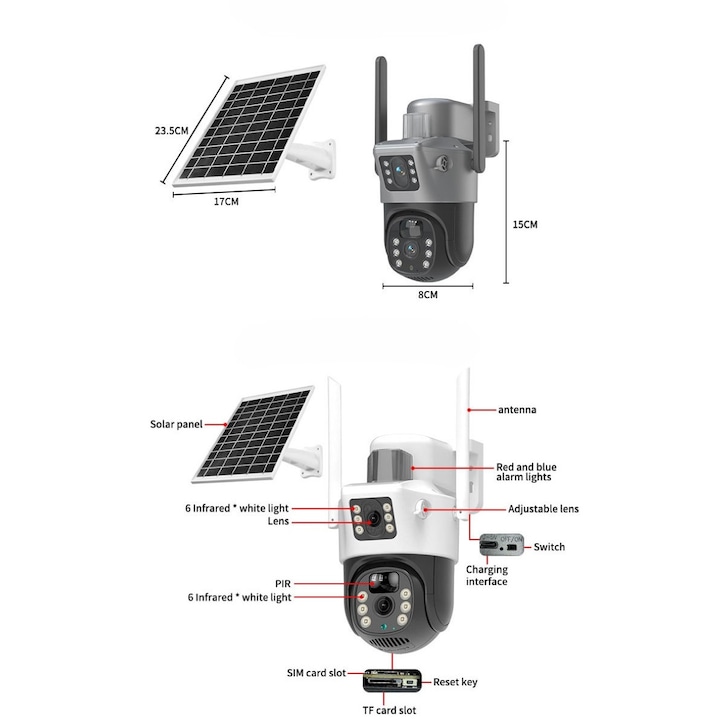 SIM térfigyelő kamera 72DESI, 4 MP+Zoom 4x, HD 1920x1080p, napelem+6 elem, V380 PRO mobilalkalmazás, IP67, kétirányú kommunikáció és kaputelefon, PIR szenzor, intelligens éjszakai fény és infra, kétzónás felügyelet, 32 GB-os kártya, fehér