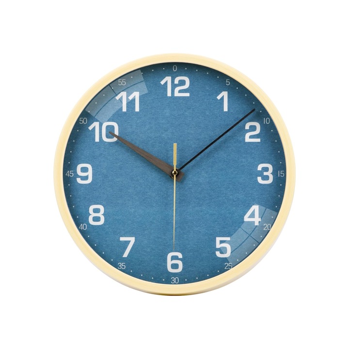 Csendes dekoratív falióra, 30 cm, Üveg, Fa hatású PVC keret, Alkalmas nappaliba, hálószobába, konyhába, irodába, modern, Kék/Természet