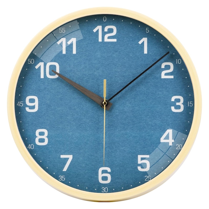 Ceas decorativ perete silentios, 30 cm, Sticla, Rama PVC aspect lemn, Potrivit pentru camera de zi, dormitor, bucatarie, birou, modern, Albastru/Nature