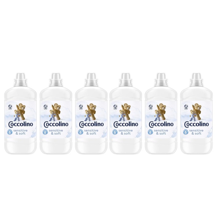 Set 6 x Balsam Rufe Coccolino Sensitive Soft 1.45L 58 Spalari, prospetime de lunga durata, haine mai moi, faciliteaza calcarea, previne formarea cutelor, ingrijire delicata a tesaturilor, alergeni redusi, tehnologie anti-miros