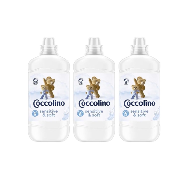 Set 3 x Balsam Rufe Coccolino Sensitive Soft 1.45L 58 Spalari, prospetime de lunga durata, haine mai moi, faciliteaza calcarea, previne formarea cutelor, ingrijire delicata a tesaturilor, alergeni redusi, tehnologie anti-miros