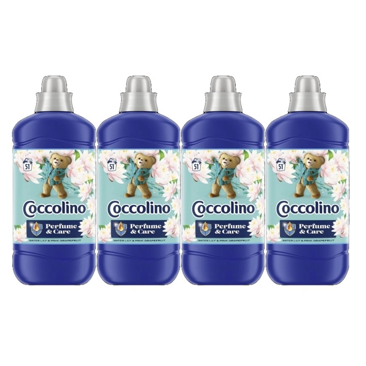 Set 4 x Balsam Rufe Coccolino Limited Edition Passion Flower Bergamont 1.275L 51 Spalari, prospetime de lunga durata, haine mai moi, faciliteaza calcarea, previne formarea cutelor, ingrijire delicata a tesaturilor, alergeni redusi, tehnologie anti-miros