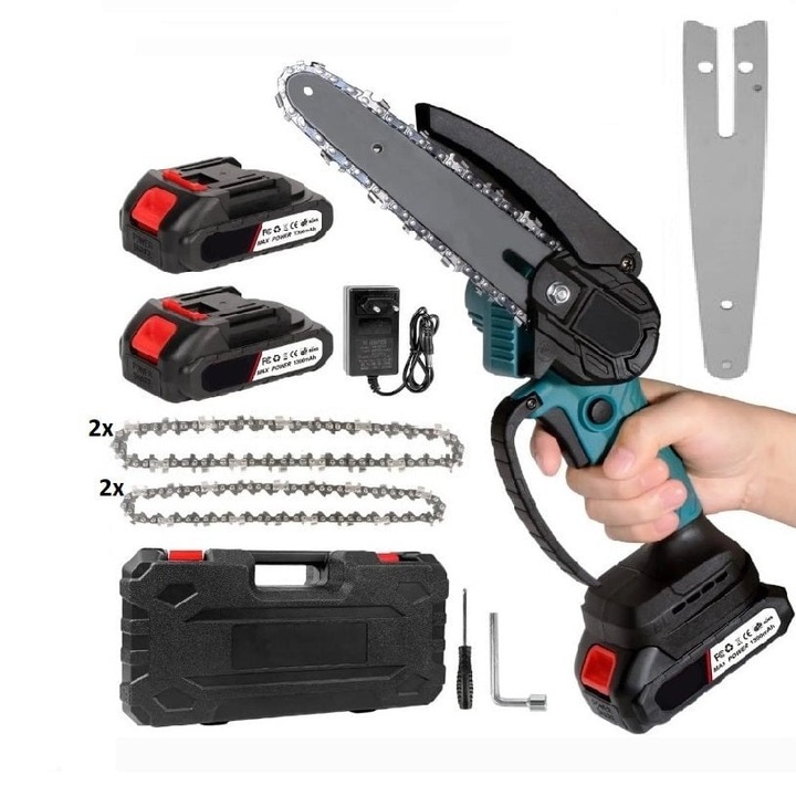 Мини акумулаторен електрически моторен трион с 2 остриета от 4 и 6 инча, 4 вериги, 2 батерии 1300mAh и мощност 3000W