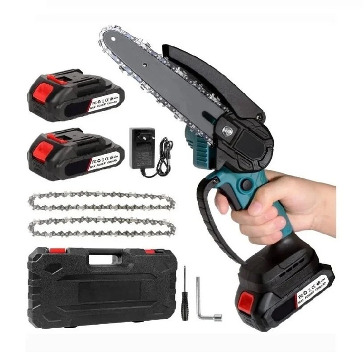 Mini drujba electrica fara fir cu lama de 15cm, 2 lanturi, 2 acumulatori 1300mAh