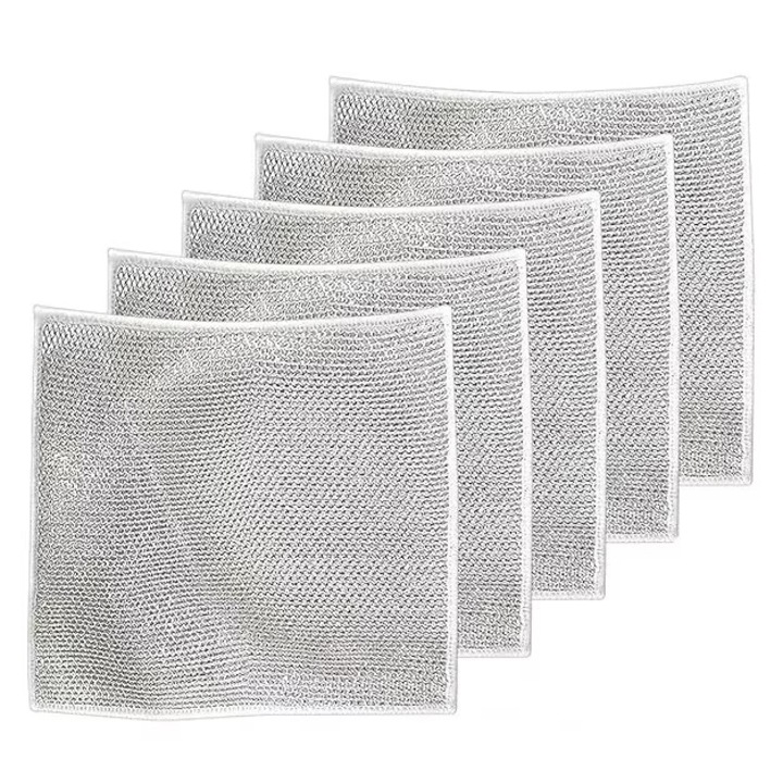 Set 5 Lavete Simple Abrazive care Nu Zgarie, Multifunctionale, Reutilizabile, Indeparteaza Grasimea si Arsura, Curata Legume, 20 x 20 cm, 1 strat, Argintiu
