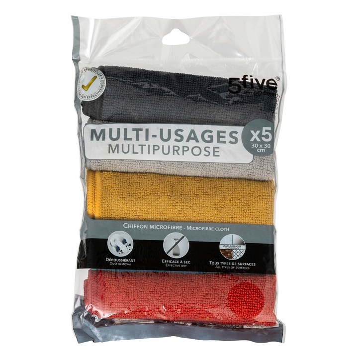 Set 5 lavete universale, culori asortate, microfibra, 30x30 cm, Five - 3560239375463