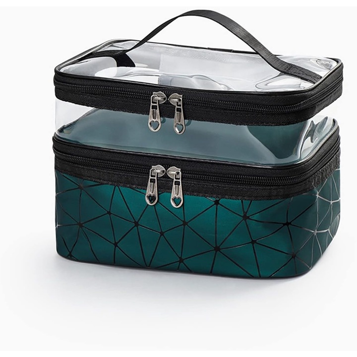 Geanta organizatoare cosmetice si parfumuri, Tecos, cu maner, ideala pentru travel sau bagaj de cala, verde jad, 2 compartimente