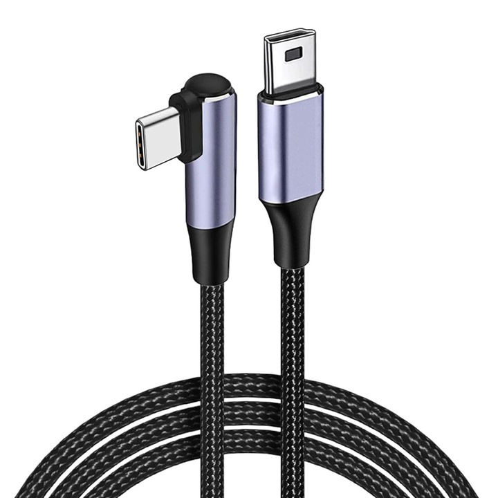 YWD-FMM USB C към Mini USB адаптерен кабел, найлонова оплетка, прав ъгъл, 1 м, черен