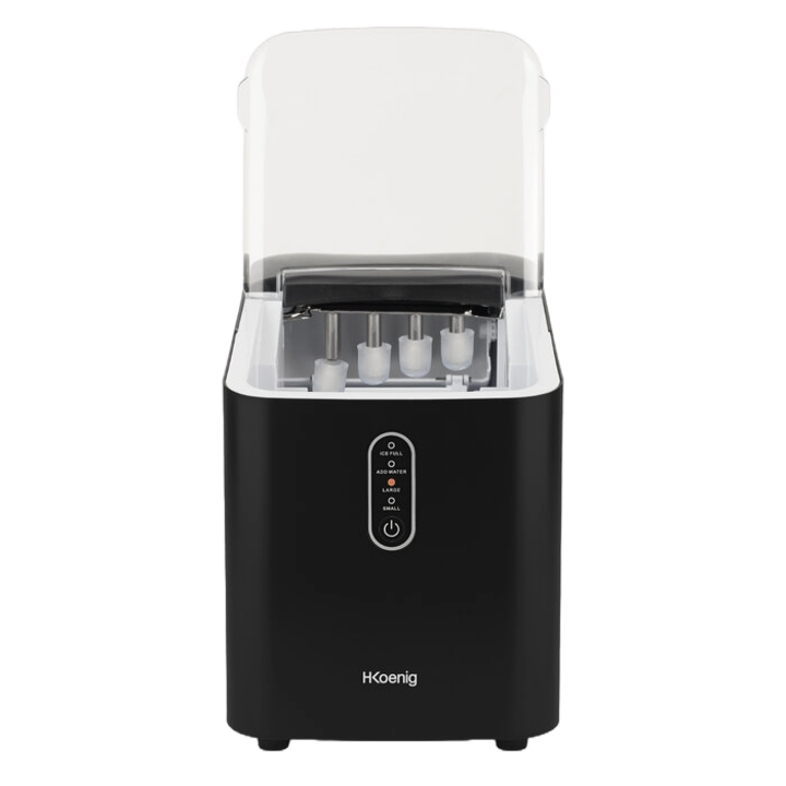 Masina pentru cuburi de gheata H.Koenig, KUB14, capacitate 12 kg/zi, ideal pentru HoReCa/rezidential/birou, preparare rapida 7 min/ciclu, 2 marimi cuburi, tehnologie compresor, indicatoare LED, program curatare, capacitate rezervor 1 l, silentios, negru
