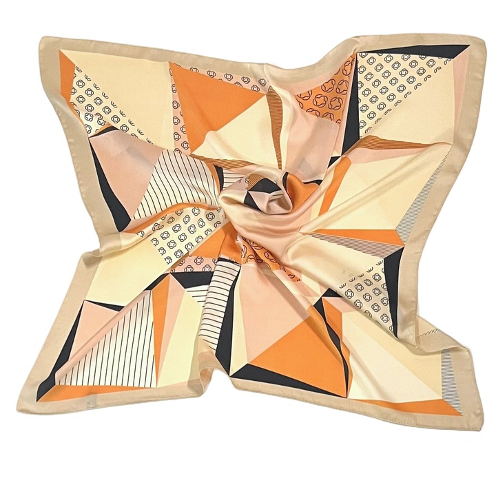 Esarfa Dama, Imprimeu, Satin, 70 x 70 cm, Negru/Portocaliu/Crem/Peach Fuzz, 70 cm x 70 cm