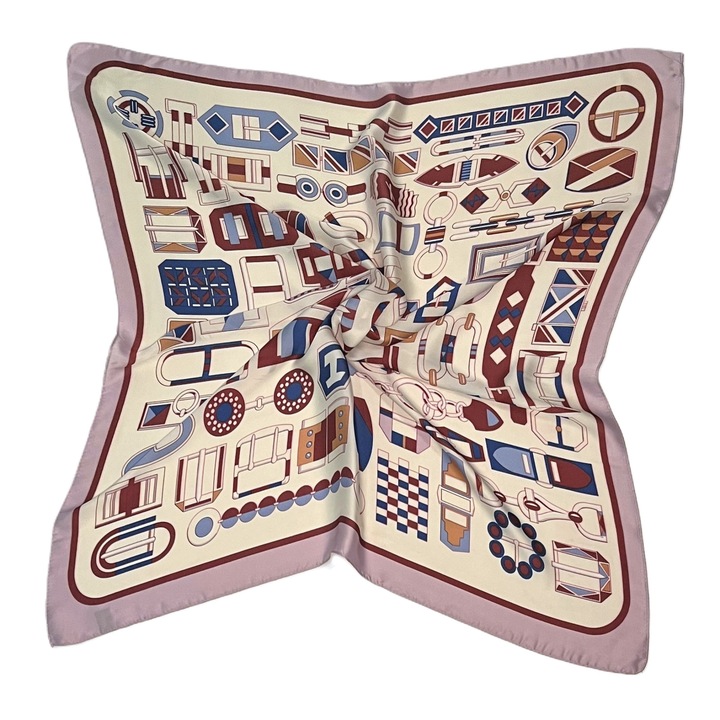 Esarfa Dama, Imprimeu, Satin, 70 x 70 cm, Visiniu/Albastru indigo/Roz/Crem, 70 cm x 70 cm