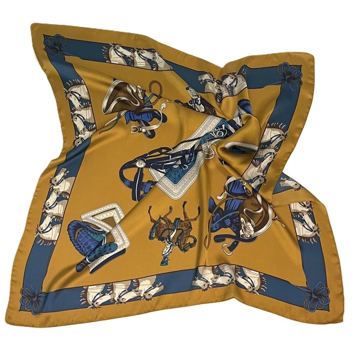 Esarfa Dama, Imprimeu, Satin, 70 x 70 cm, Maro/Albastru indigo/Crem, 70 cm x 70 cm