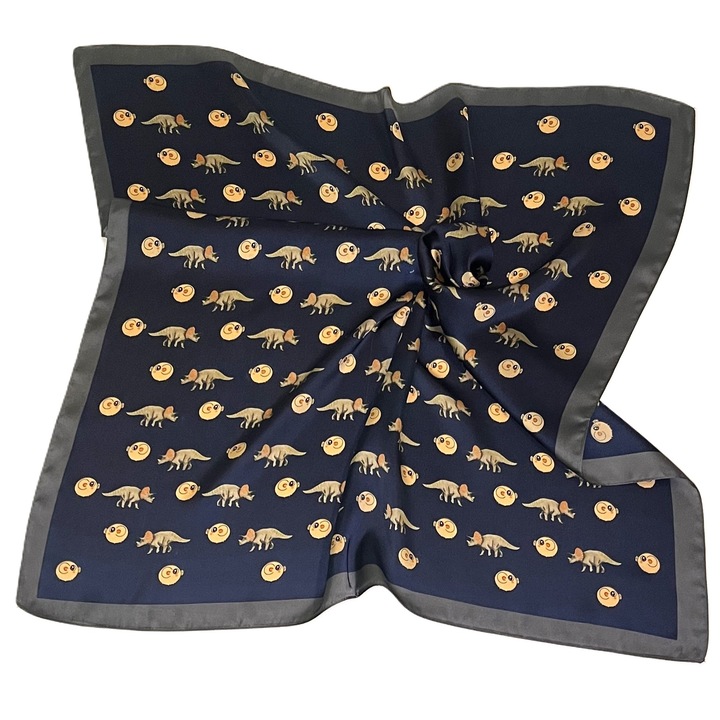 Esarfa Dama, Imprimeu, Satin, 70 x 70 cm, Gri/Galben/Albastru indigo, 70 cm x 70 cm