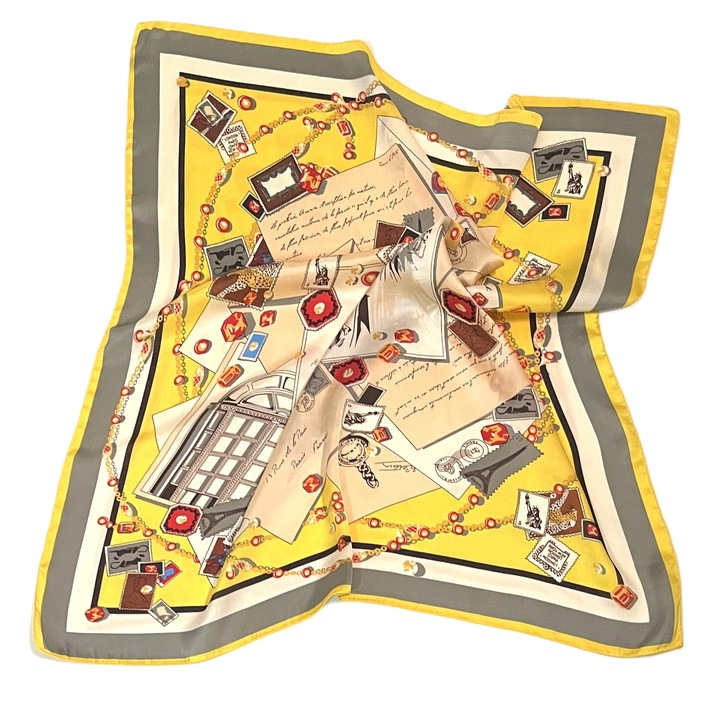 Esarfa Dama, Imprimeu, Satin, 70 x 70 cm, Gri/Galben/Crem, 70 cm x 70 cm