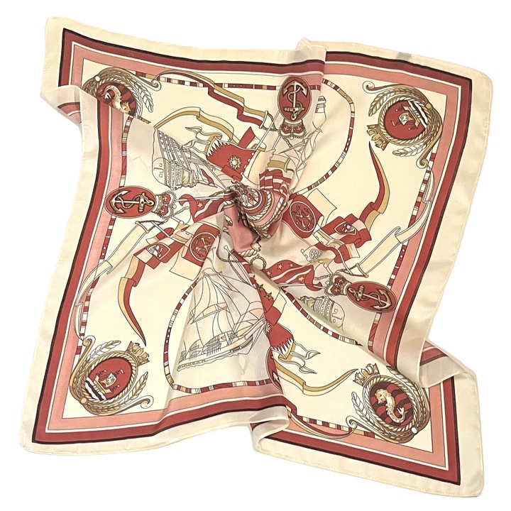 Esarfa Dama, Imprimeu, Satin, 70 x 70 cm, Caramiziu/Crem, 70 cm x 70 cm