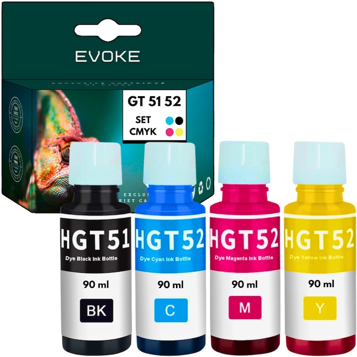4 db HP GT51 GT52 nyomtató tintapalack készlet, 4x 90 ml, 5600 oldal fekete, 10 280 oldal piros sárga cián egyenként, Ink Tank Wireless 315, 410, 415, 416, 417, 419, Smart Tank 419-es tintapatronokkal kompatibilis patronok