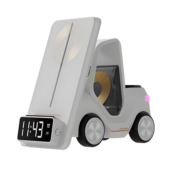 5 в 1 безжична станция за зареждане, Element-x, бързо зареждане до 15 W на устройства на Apple, iPhone 15/14/13/12, за AirPods Pro/3/2, за Apple Watch/iWatch с будилник и лека нощ, Мотокар форма, бяла