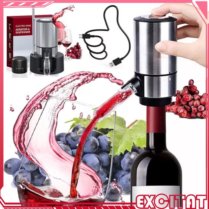 Decantor electric de vin cu suport, EXCITAT, usor de folosit si depozitat, un dop de vin cu tub metalic retractabil in 3 trepte, baterie AAA reincarcabila, compatibil cu majoritatea sticlelor de vin, otel inoxidabil, portabil, Argintiu