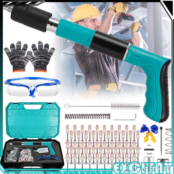 Pistol Pneumatic de Batut Cuie in Beton si Metal, EXCITAT®, Manual Silentios, cu 50 cuie, 3 Trepte Putere, rivetelor, niturilor in perete, tavan, lemn, fier, 35 cm, cutie, accesorii, albastru