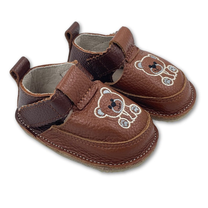 Pantofi copii, primii pasi, Piele Naturala, barefoot, Macco, Urs, Maro inchis/Maro deschis, Maro inchis/Maro deschis