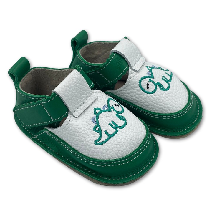 Pantofi copii, primii pasi, Piele Naturala, barefoot, Macco, Dino, Verde/Alb, Verde/Alb