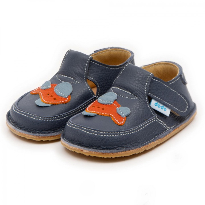 Pantofi copii, primii pasi, Piele Naturala, barefoot, Dodo, Avion, Albastru inchis, Albastru inchis