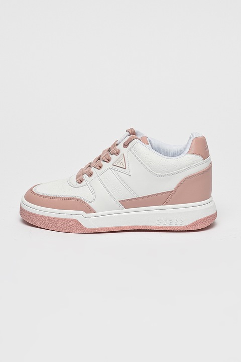 GUESS, Спортни обувки от еко кожа с лого, Бял/Прашно розово
