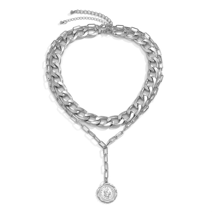 Set 2 Coliere cu Pandantiv Moneda, Aliaj, Argintiu, 40+7cm|50+7cm