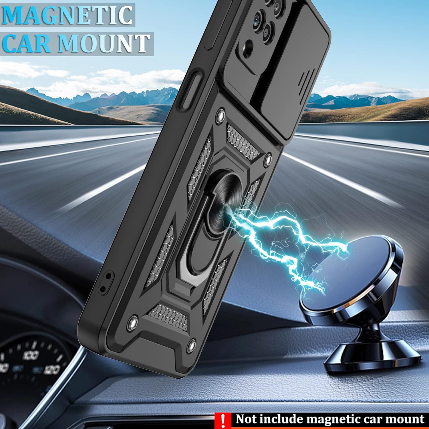 Husa telefon Mat-Tech compatibila cu Samsung Galaxy A12 / M12, Protectie Camera Slide and Snap Soft Premium, Magnetic Ring Holder, PopGrip, Anti-Shock, Rugged Protection, Negru