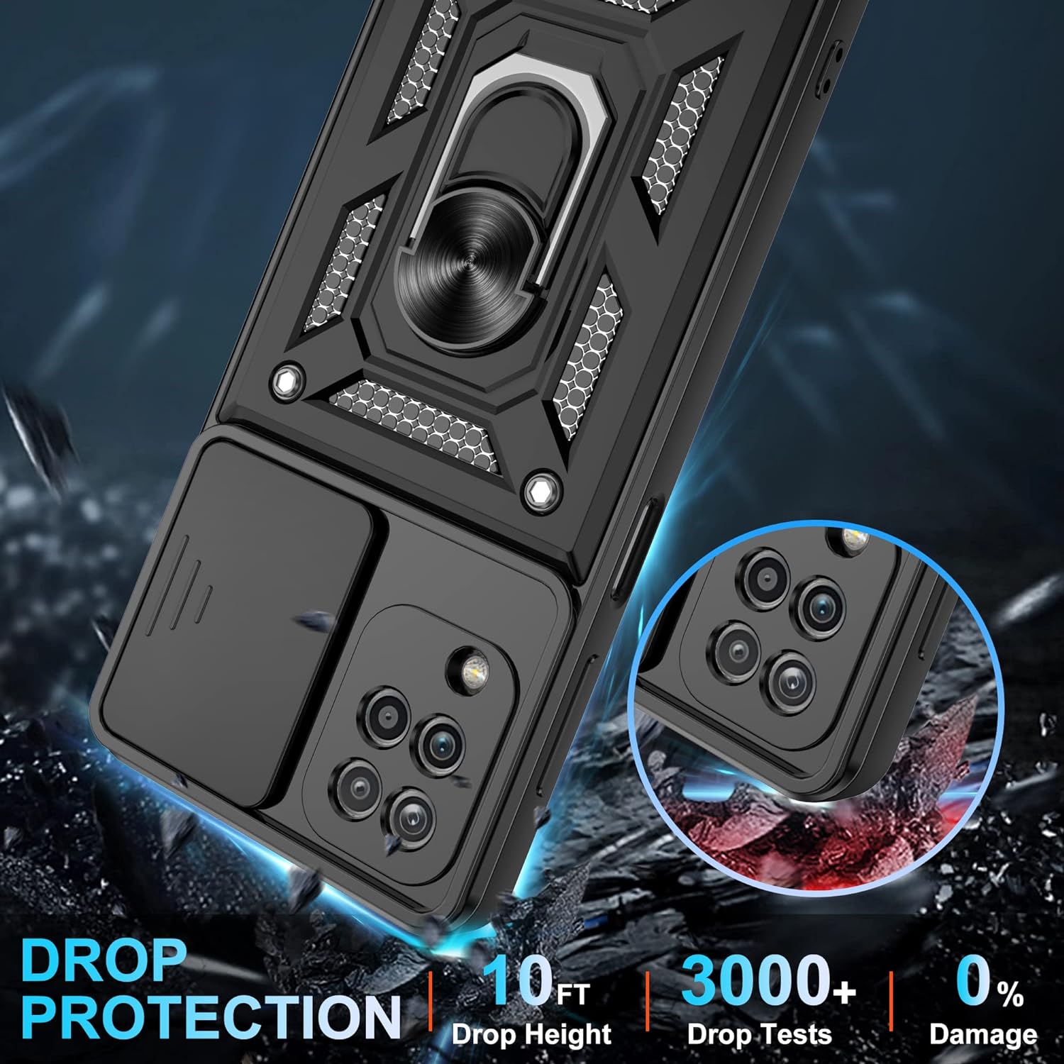 Husa telefon Mat-Tech compatibila cu Samsung Galaxy A12 / M12, Protectie Camera Slide and Snap Soft Premium, Magnetic Ring Holder, PopGrip, Anti-Shock, Rugged Protection, Negru