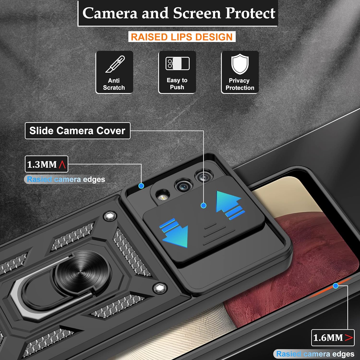 Husa telefon Mat-Tech compatibila cu Samsung Galaxy A12 / M12, Protectie Camera Slide and Snap Soft Premium, Magnetic Ring Holder, PopGrip, Anti-Shock, Rugged Protection, Negru