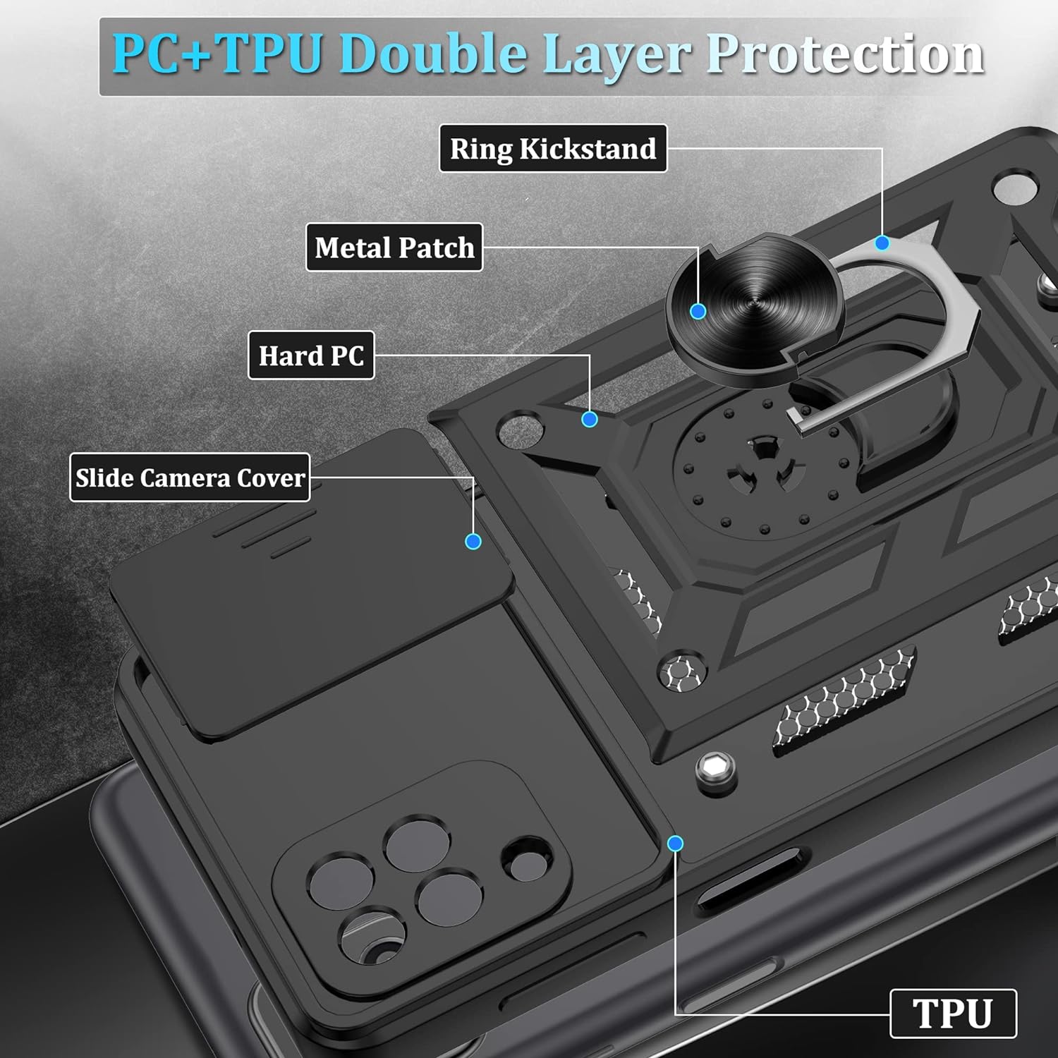 Husa telefon Mat-Tech compatibila cu Samsung Galaxy A12 / M12, Protectie Camera Slide and Snap Soft Premium, Magnetic Ring Holder, PopGrip, Anti-Shock, Rugged Protection, Negru